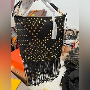 Rebecca Minkoff black and studded crossbody with fringe. New with tags